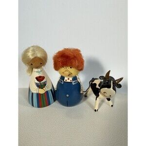 Set of 3 USSR Salvo Wooden 4" Boy & Girl & Cow Dolls Painted Folk Art ~ Vintage